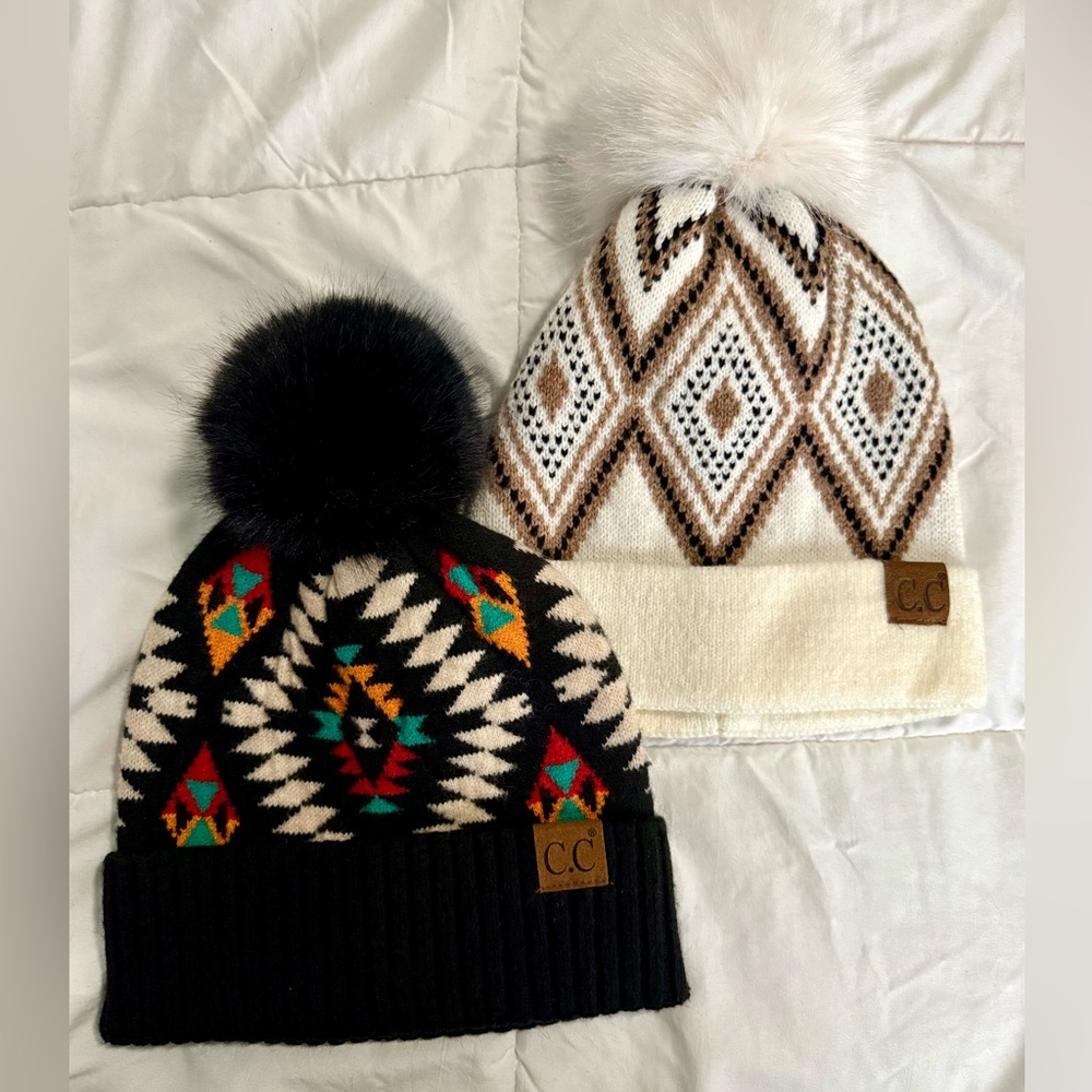 C.C Women’s Pom Beanie Duo — Black Multi & Cream Brown Diamond